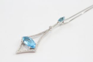 18ct Gold Blue Topaz & Diamond Ornate Drop Pendant Necklace (5.3g)