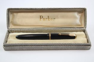 Vintage PARKER Duofold Black FOUNTAIN PEN w/ 14ct Gold Nib WRITING Boxed // Dip Tested & WRITING