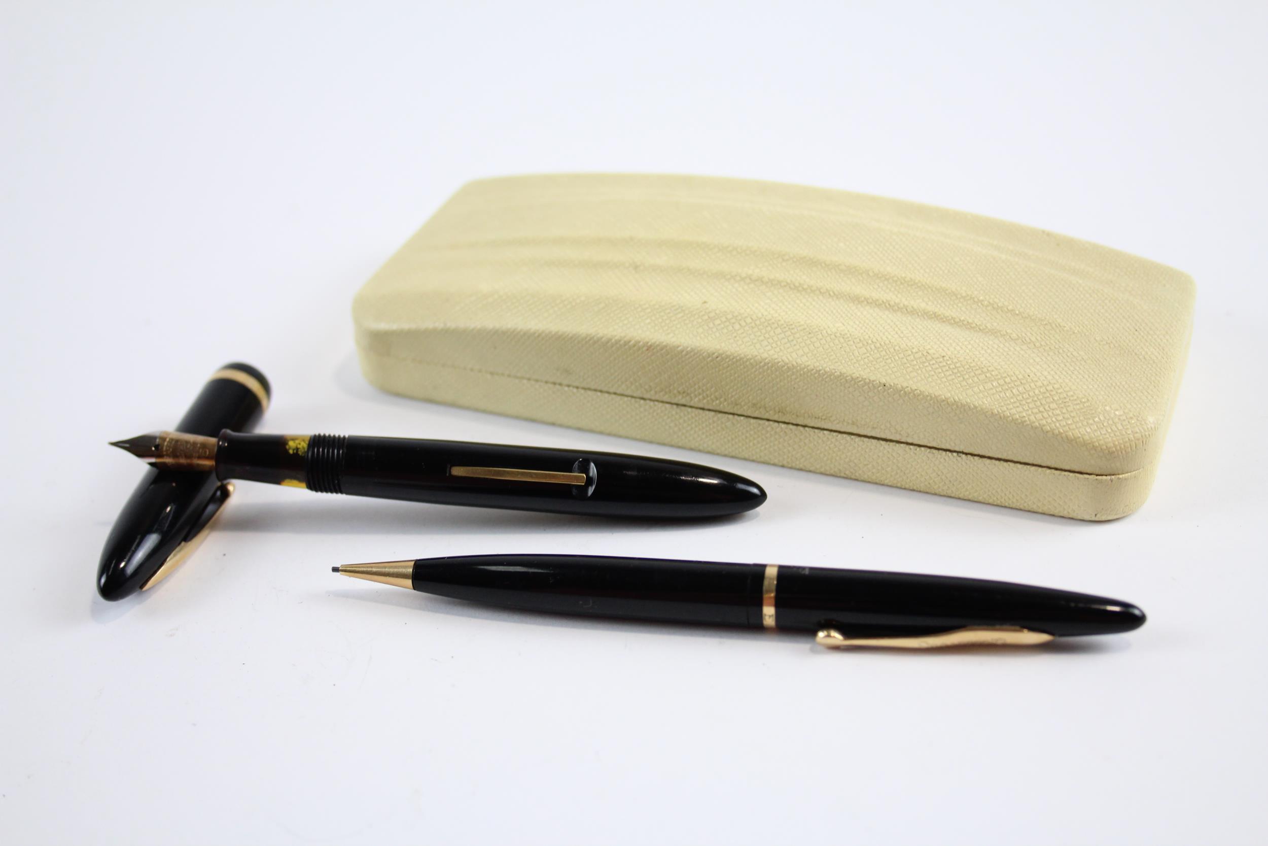 Vintage SHEAFFER Feather Touch Black Fountain Pen w/ Gold Plate Nib, Pencil, Box // Dip Tested &