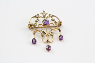 9ct Gold Antique Amethyst & Seed Pearl Lavalier Pendant (2.9g)