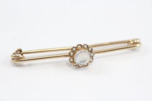 9ct Gold Antique Moonstone & Seed Pearl Halo Bar Brooch (4.1g)