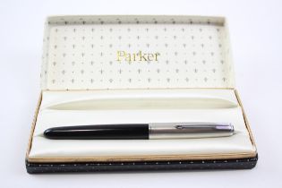 Vintage PARKER 51 Black FOUNTAIN PEN w/ Brushed Steel Cap WRITING Boxed // Dip Tested & WRITING In