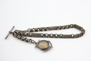 Silver Antique Watch Chain With Ship Fob (37g)