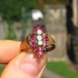 9ct Gold Vintage Marquise Shaped Ruby And Opal Set Dress Ring (2.7g) Size N