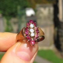 9ct Gold Vintage Marquise Shaped Ruby And Opal Set Dress Ring (2.7g) Size N