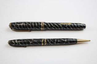 Vintage CONWAY STEWART 24 Black FOUNTAIN PEN w/ 14ct Gold Nib WRITING // w/ Matching Pencil (