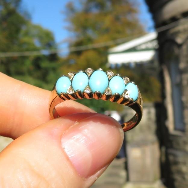 9ct Gold Antique Turquoise And Diamond Set Dress Ring (2.5g) Size T