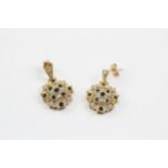 9ct Gold Diamond & Sapphire Cluster Drop Earrings (3.5g)