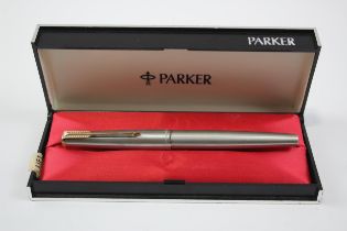 Vintage Parker 61 Brushed Steel Fountain Pen w/ 14ct Gold Nib WRITING Boxed // Dip Tested &