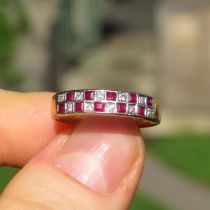 9ct Gold Vintage Ruby And Diamond Chequer Set Half Hoop Eternity Ring (1.7g) Size M