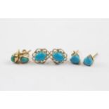 3 X 9ct Gold Turquoise & Faux Turquoise Drop Earrings (2.6g)