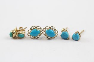 3 X 9ct Gold Turquoise & Faux Turquoise Drop Earrings (2.6g)