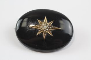 9ct Gold Antique Onyx And Seed Pearl Starburst Detail Hidden Locket Mourning Brooch (17.7g)