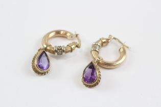 9ct Gold Amethyst And Diamond Set Drop Hoop Earrings (4.8g)