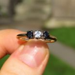 18ct Gold Old Cut Diamond & Sapphire Three Stone Ring (2.9g)