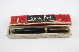 Vintage MABIE TODD Swan Leverless Black FOUNTAIN PEN w/ 14ct Gold Nib WRITING // w/ Box Etc Dip