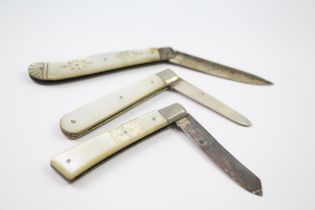 3 x Antique Hallmarked .925 Sterling Silver Fruit Knives w/ Mop Handles (53g) // In antique
