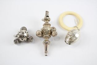 3 x Antique / Vintage .925 Sterling Silver Baby Rattles Inc Ivorine Etc (51g) // In antique /