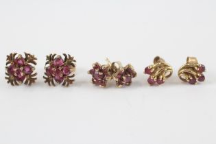 3 X 9ct Gold Ruby Set Stud Earrings (3.1g)