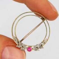 9ct Gold Antique Synthetic Ruby & Diamond Floral Brooch (2.9g)