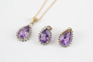 9ct Gold Diamond & Amethyst Pendant Necklace & Earrings Set (5.8g)