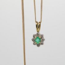 9ct Gold Vintage Emerald & Diamond Floral Cluster Pendant Necklace (1.6g)
