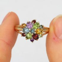 9ct Gold Vintage Garnet, Peridot, Topaz, Amethyst, And Citrine Cluster Ring (3.1g) Size O