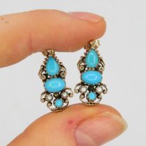 9ct Gold Vintage Turquoise And Pearl Set Stud Earrings (3g)