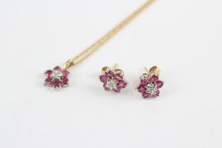 9ct Gold Diamond & Ruby Floral Cluster Pendant Necklace & Stud Earrings Set (2.8g)