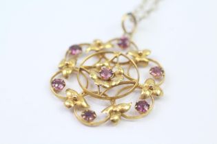 9ct Gold Antique Garnet Floral Lavaliere Pendant Necklace (3.1g)