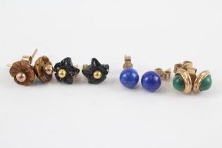 4 X 9ct Gold Onyx, Tigers Eye, Lapis And Malachite Set Earrings (4.6g)