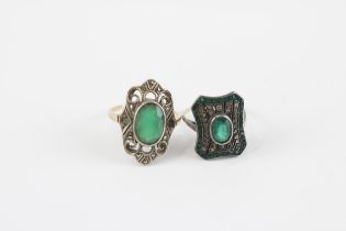 2 X 9ct Gold And .925 Silver Art Deco Green And White Paste, Green Agate And Marcasite Set