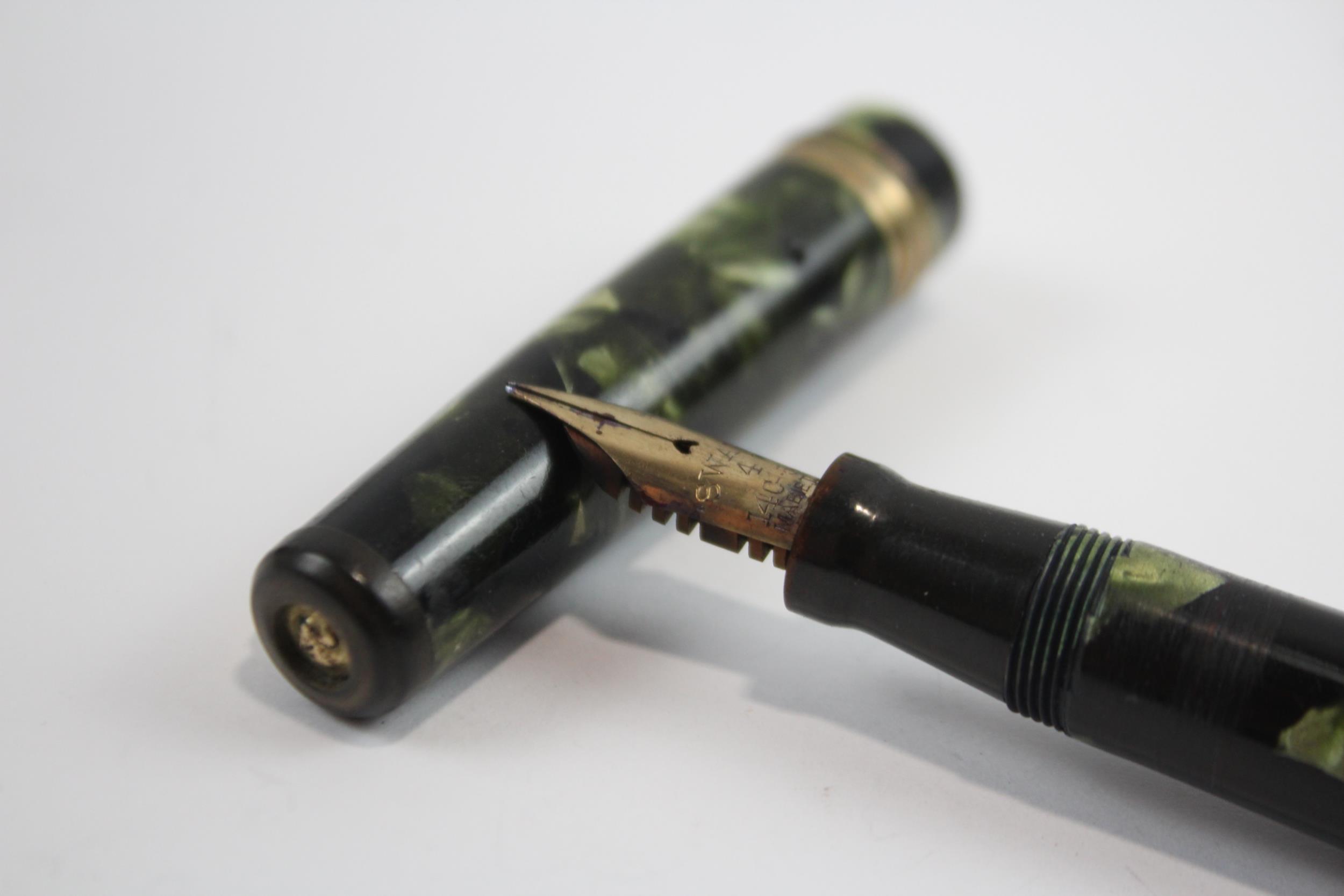 Vintage MABIE TODD Swan Leverless Green FOUNTAIN PEN w/ 14ct Gold Nib WRITING // Dip Tested & - Image 2 of 8