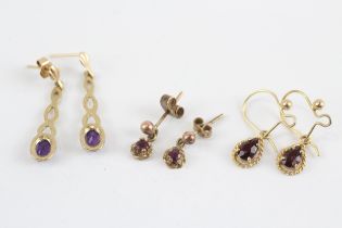 3 X 9ct Gold Amethyst And Garnet Set Earrings (3.3g)