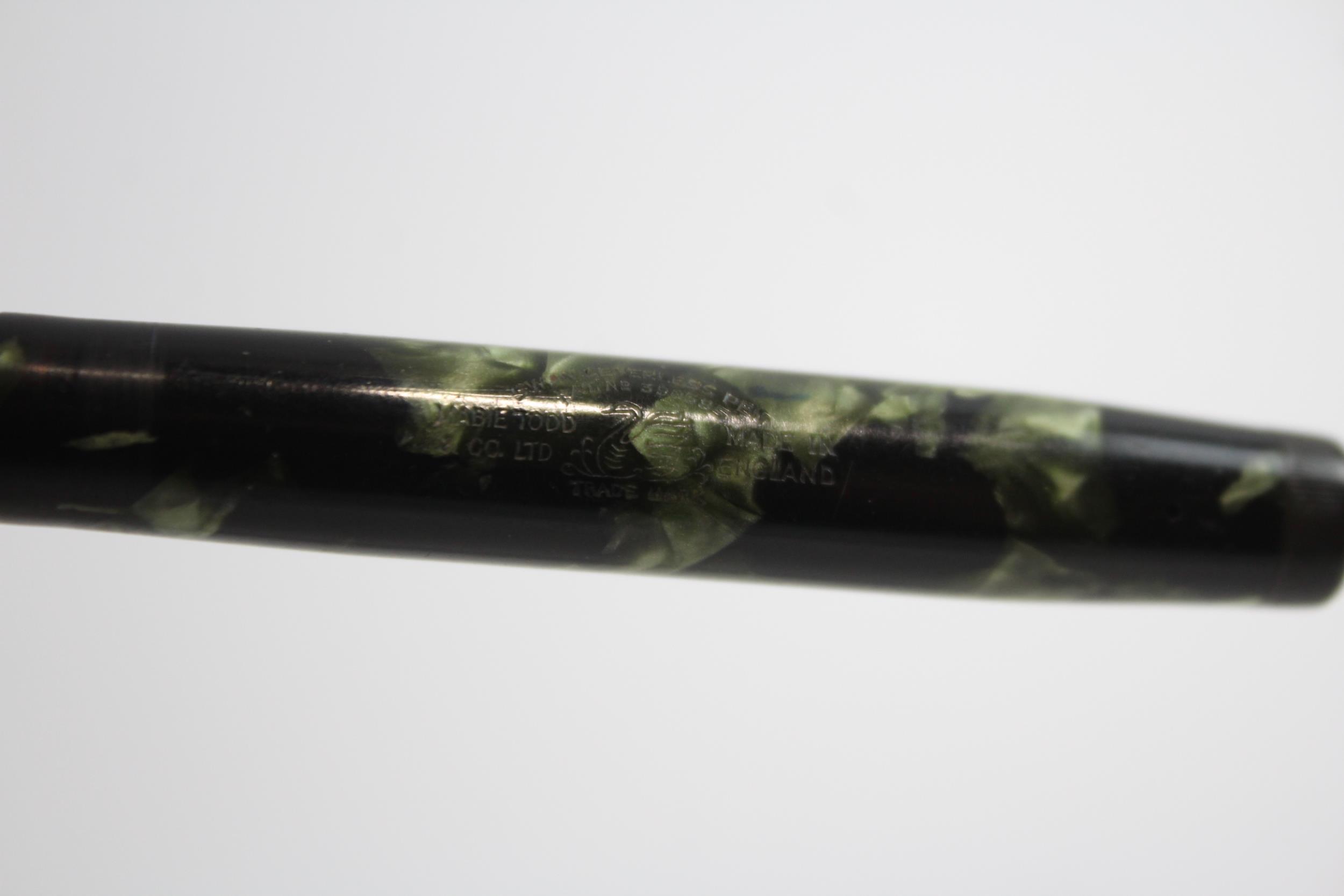Vintage MABIE TODD Swan Leverless Green FOUNTAIN PEN w/ 14ct Gold Nib WRITING // Dip Tested & - Image 6 of 8