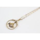 9ct Gold Antique Sapphire & Seed Pearl Openwork Pendant Necklace (2.8g)