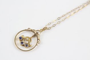 9ct Gold Antique Sapphire & Seed Pearl Openwork Pendant Necklace (2.8g)