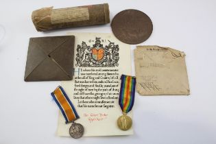 WW1 Medal Pair Death Plaque Scroll etc. Plaque with Card Holder Palace Letter and Postal Envelope.