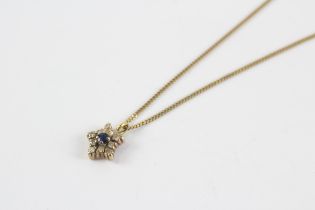 9ct Gold Vintage Sapphire & Diamond Floral Cluster Pendant Necklace (2.3g)