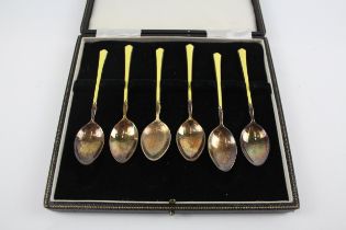 6 x Vintage Hallmarked .925 Sterling Silver Guilloche Enamel Teaspoons (60g) // w/ Yellow