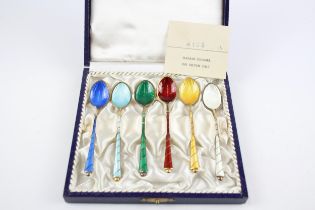 6 x Vintage .925 Denmark .925 Sterling Silver Guilloche Enamel Spoons (53g) // w/ Original Fitted