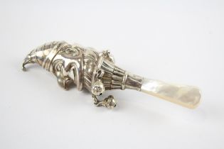 Antique Hallmarked 1913 Birmingham Sterling Silver Novelty Punch Baby Rattle 40g // w/ Mother of