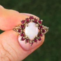 9ct Gold White Opal & Ruby Cluster Ring (3.3g) Size O