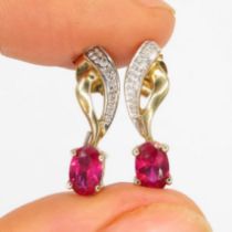 9ct gold vintage synthetic ruby & diamond paired drop earrings (2g)