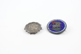 Two silver coin brooches including one florin - two shillings (42g)