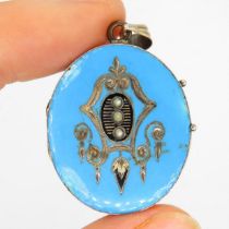 6ct gold back & front antique Victorian enamel & split pearl mourning locket pendant (9.2g)