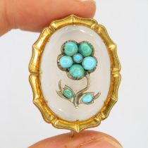 9ct gold antique white chalcedony & turquoise forget-me-not brooch with base metal pin (5.9g)