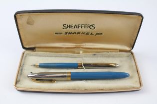 Vintage SHEAFFER Snorkel Teal Fountain Pen w/ 14ct Gold Nib, Pencil, Box Etc //"