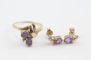 9ct gold amethyst & diamond ring & earring set (3.9g)