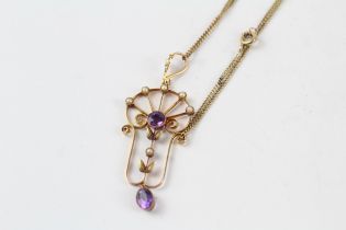 12ct gold antique amethyst & split pearl lavalliere necklace (3.4g)